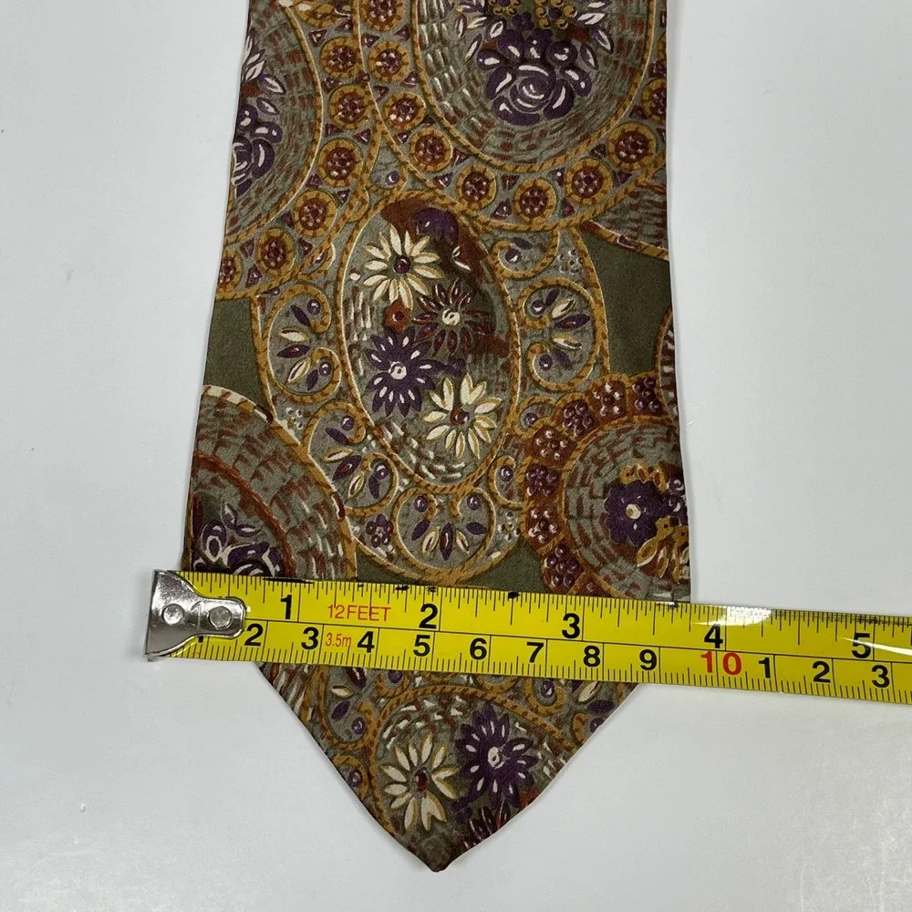 Vintage Allen Solly Silk Necktie Tie Green Purple Paisley Floral Medallion Print